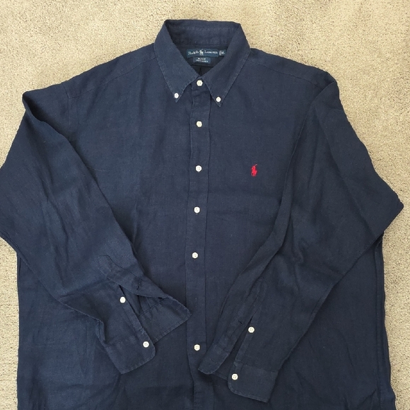 Polo by Ralph Lauren Men's Linen Dark Blue Button Down Shirt - Picture 5 of 5